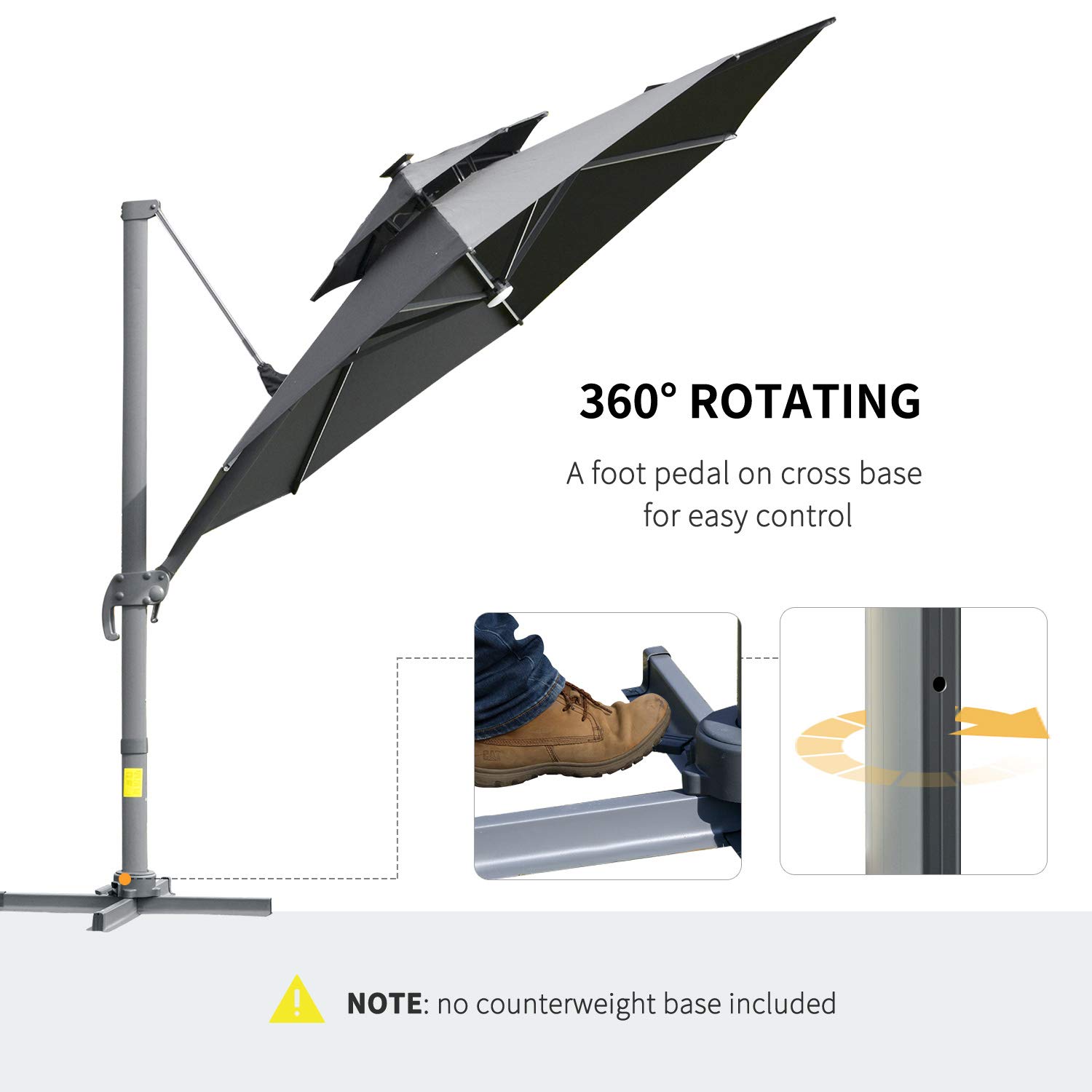 Outsunny 3(m) Cantilever Roma Parasol with LED Solar Lights, Crank & Tilt, Aluminium Frame, Cross Base and Adjustable Canopy 360° Rotating Sun Umbrella with 2-Tier Shade