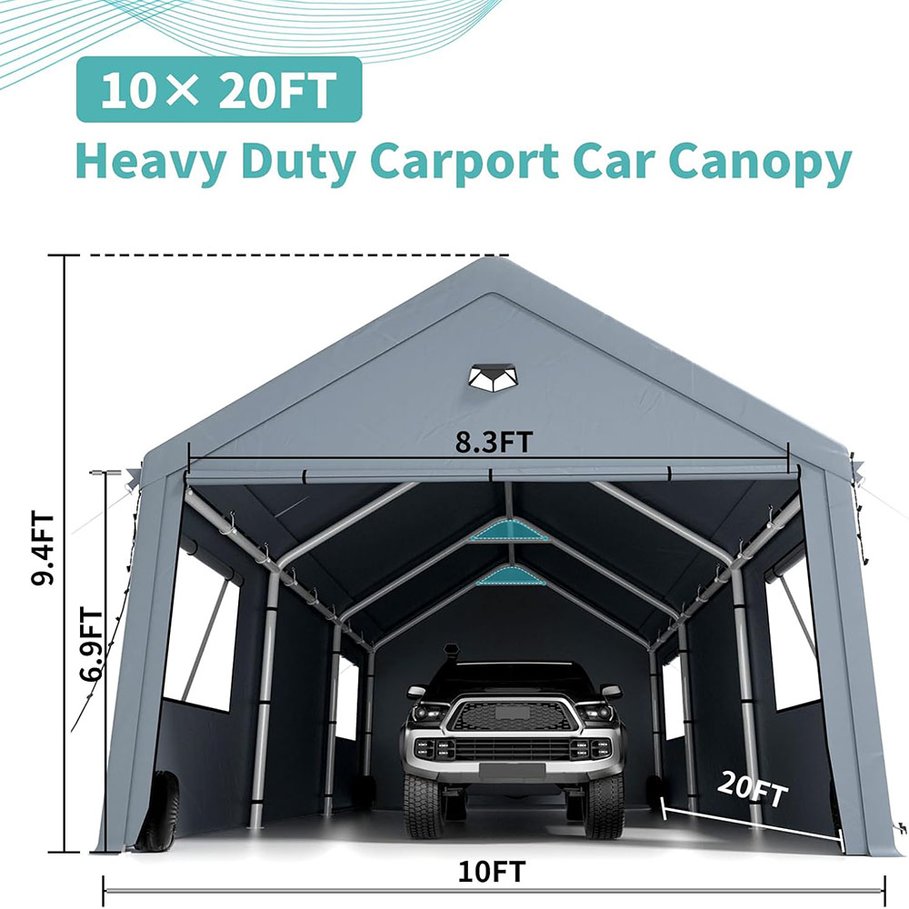 Heavy duty carport canopy, extra large portable car tent garage with roll-up windows and four seasons tarpaulin cover