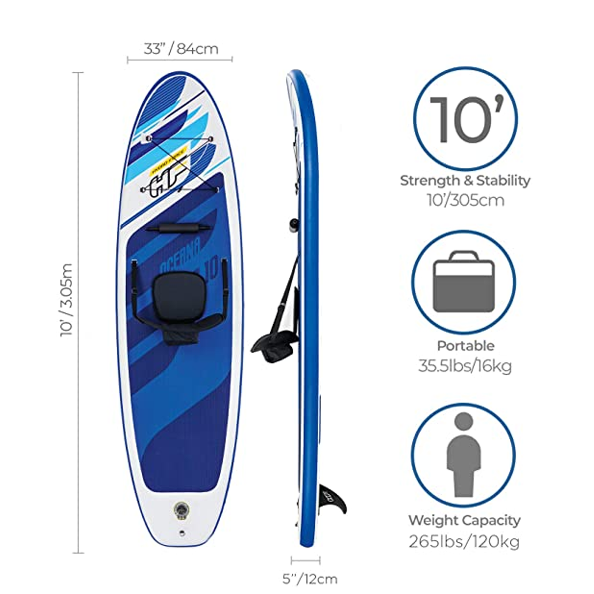 Hydro Force Oceana Inflatable Paddle Board, Kayak Conversion kit, SUP Board with Kayak Seatset with Carry Backpack, Pump, Paddle
