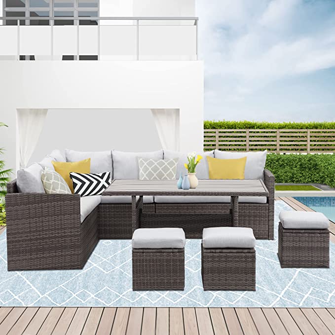 Wisteria Lane 9 Seater Rattan Garden Furniture Set, Outdoor Dinning Set, All-Weather Patio Conservatory Sets, Weaving Wicker Corner Sofa Couch Lounger with Table, Backyard, Deck, Porch, Balcony, Grey
