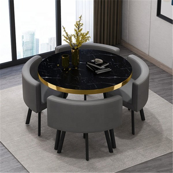 【Furniture】【BS】Small Round Wooden Dining Table Set with 4 Upholstered Chairs for Corner Balcony
