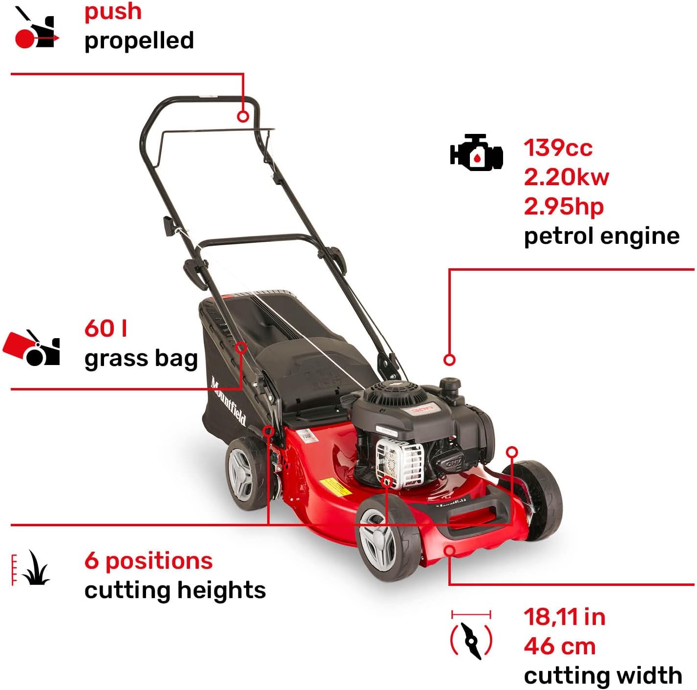 Mountfield lawn mower with manual drive, model HP185, red and grey, item 2L0481043/MC