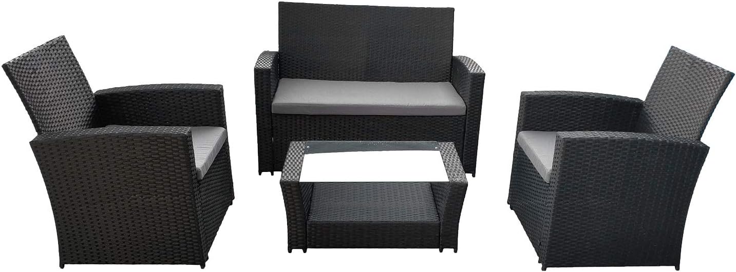 Happy Garden garden furniture COMINO in black resin wickerwork, 4 seats - gray cushions