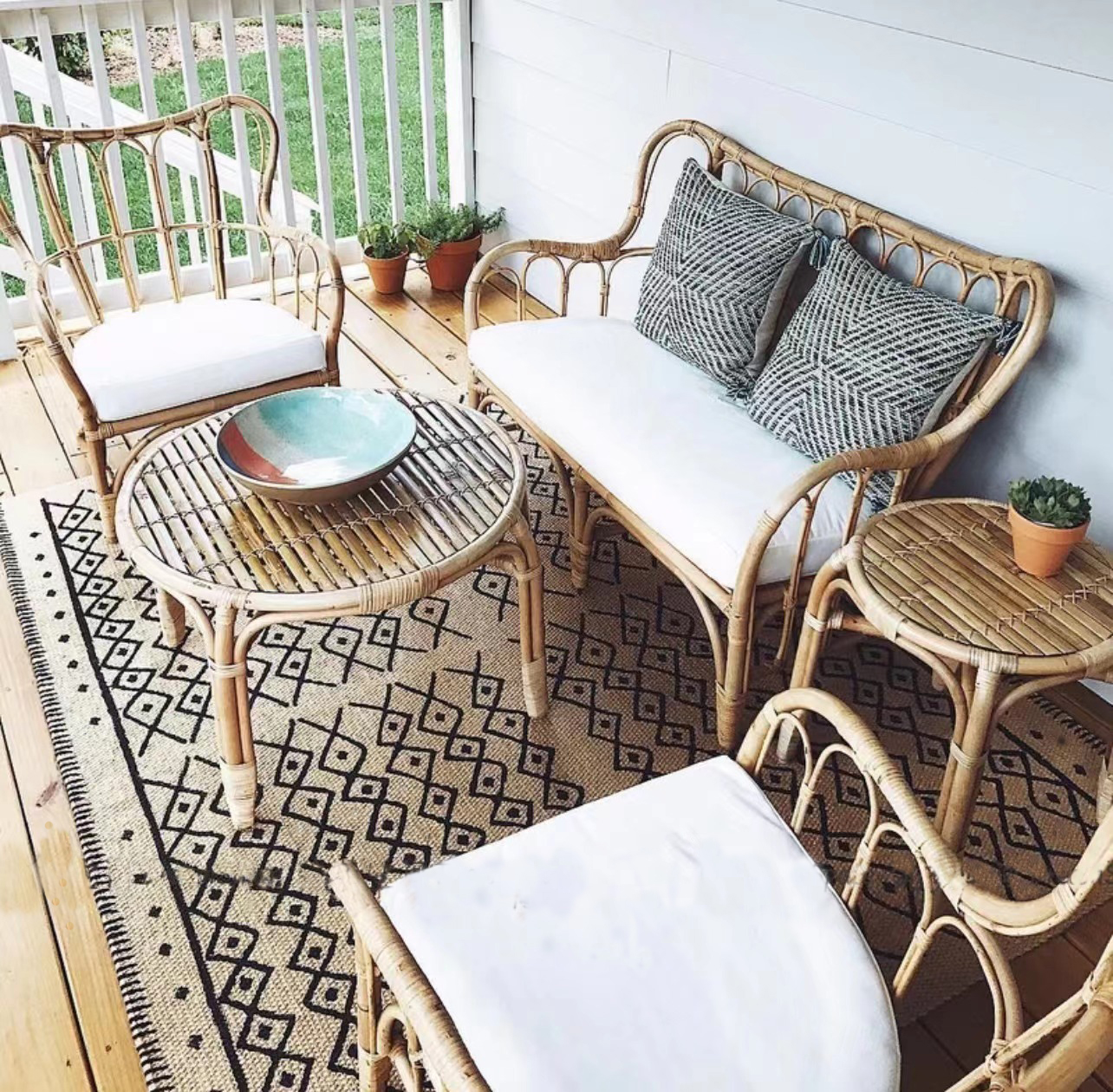 Rattan furniture bamboo sofa chair three-person small apartment outdoor balcony living room combination system IKEA home B&B table and chairs