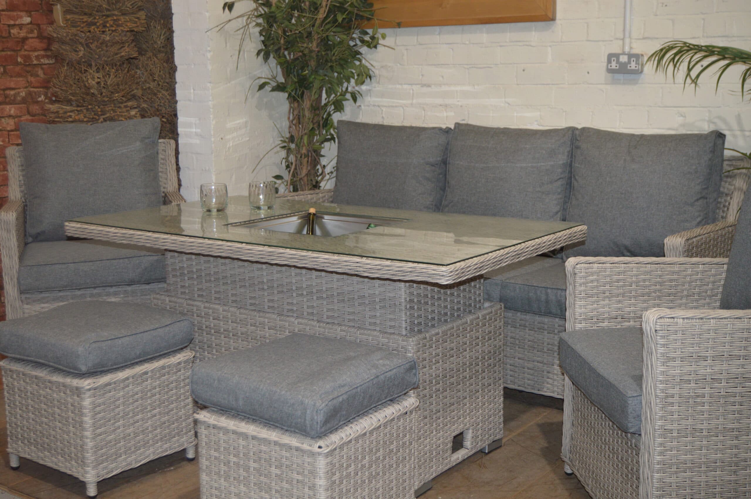 Sofa Patio Dining Lounge Set With Rising Table - Grey Rattan