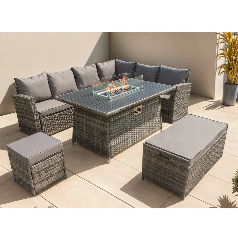 ROSEN 9 SEATER FIRE PIT RATTAN GARDEN FURNITURE CORNER DINING SOFA SET IN GREY