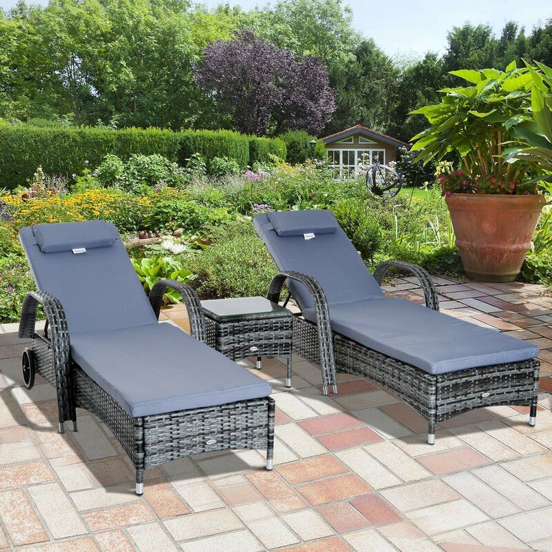 【Furniture】【BS】3 PCS Patio Wicker Chaise Lounge Chair Set, Outdoor Reclining Chair with Table & Cushion
