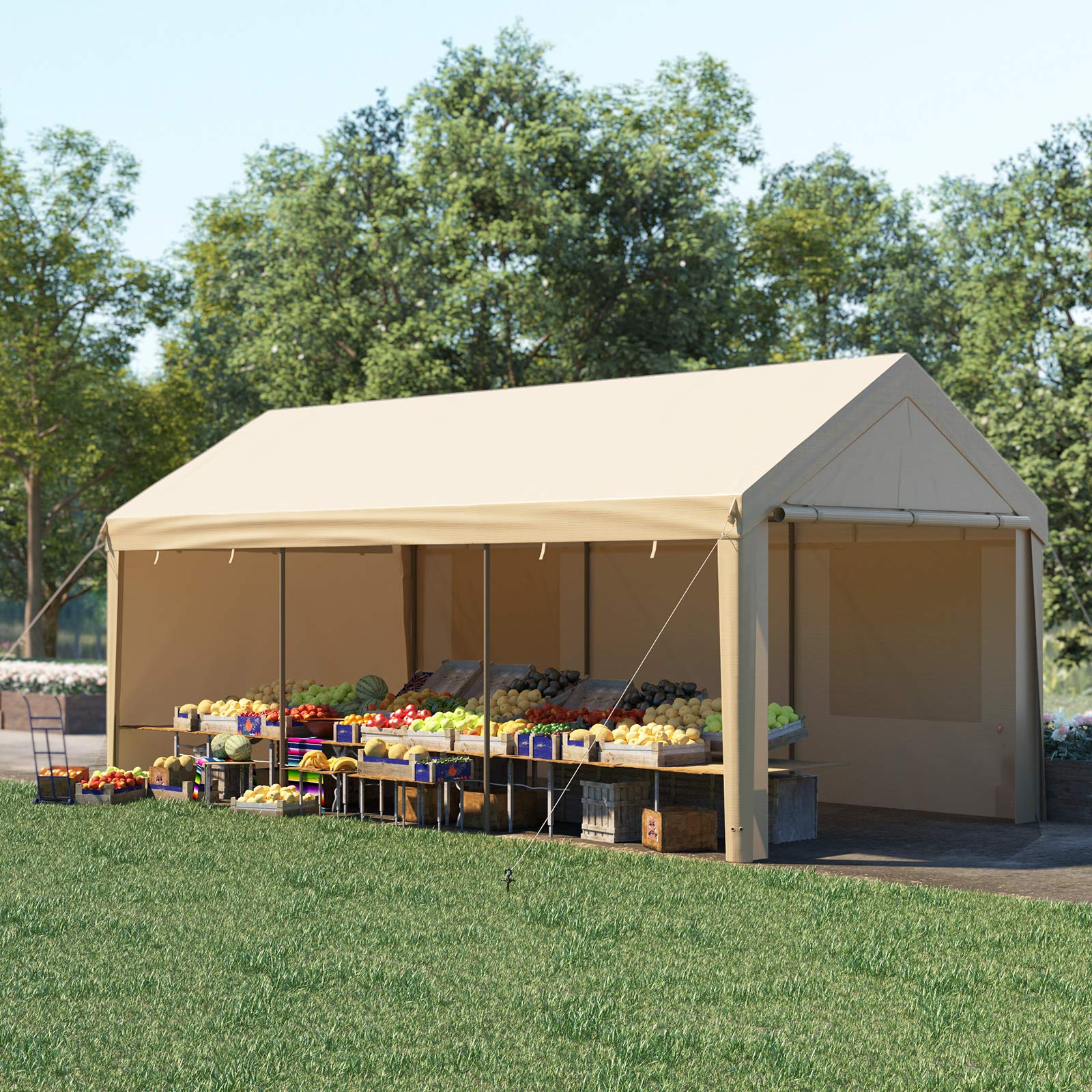 10x20ft Heavy Duty Carport, Portable Garage for Auto, Boat Market stall, Car Tent Windows, Beige