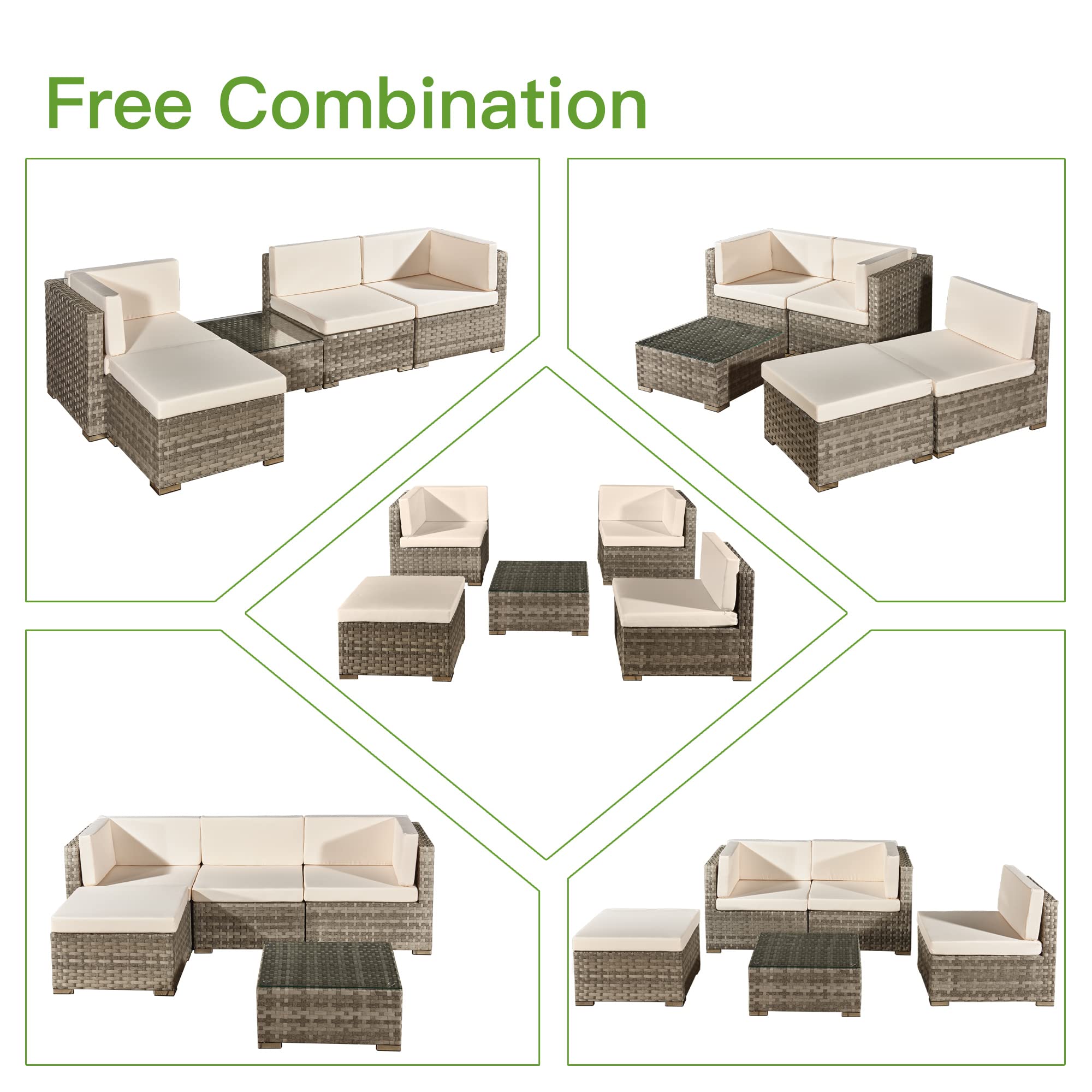 ASOWNSUN Rattan Garden Furniture Sets 4 Seater Patio Sofas with Coffee Table, Cushions, All-weather Outdoor Corner Sofa Patio Conversation Sets,Outdoor Furniture Sets Table Sofa Chair
